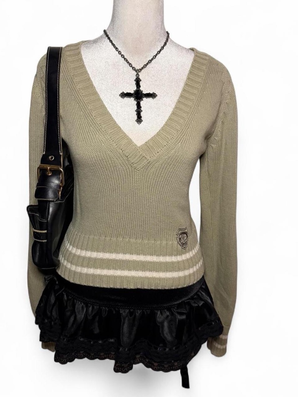 Y2K tan and cream striped diesel knit sweater